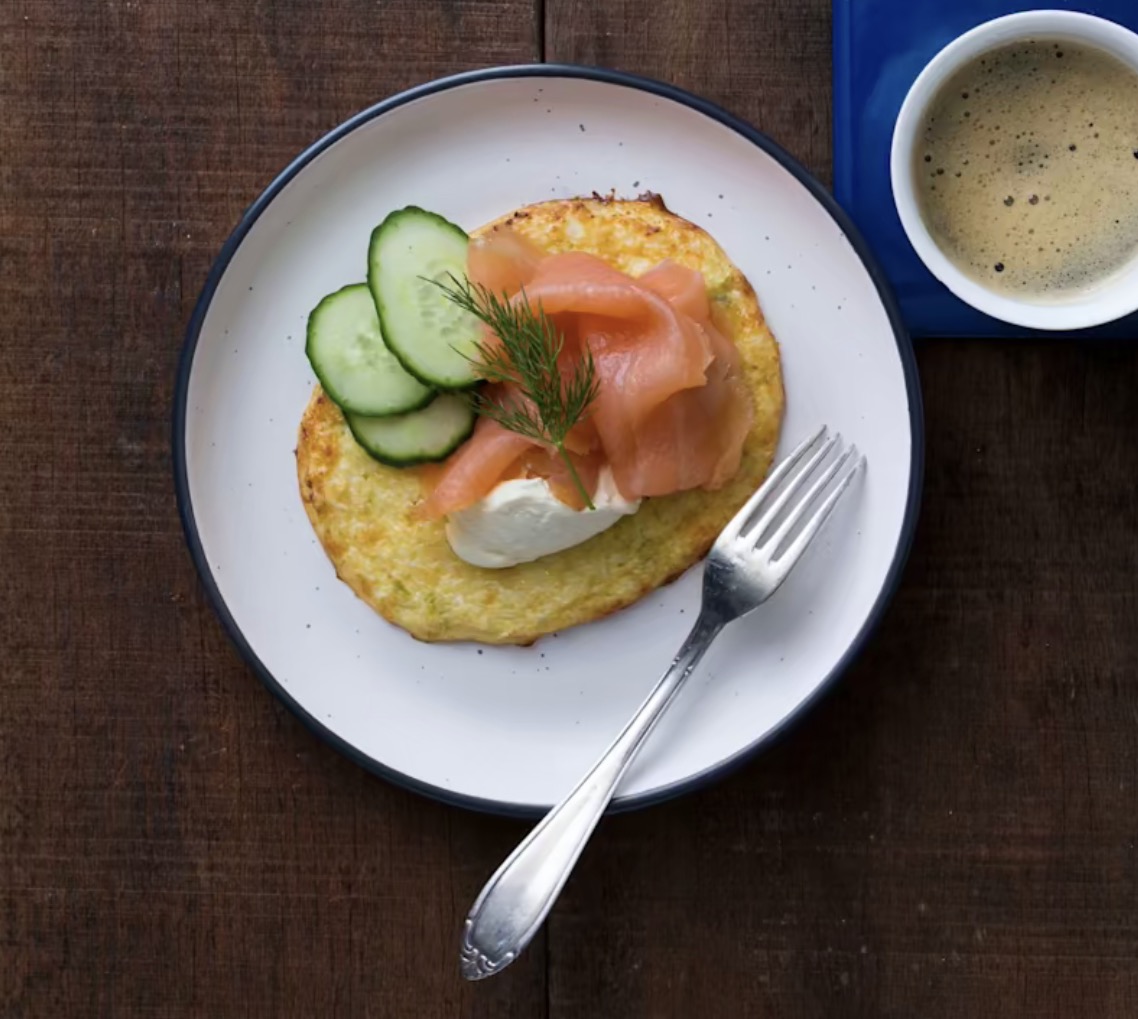 Cauliflower hash browns with smoked salmon and sour cream